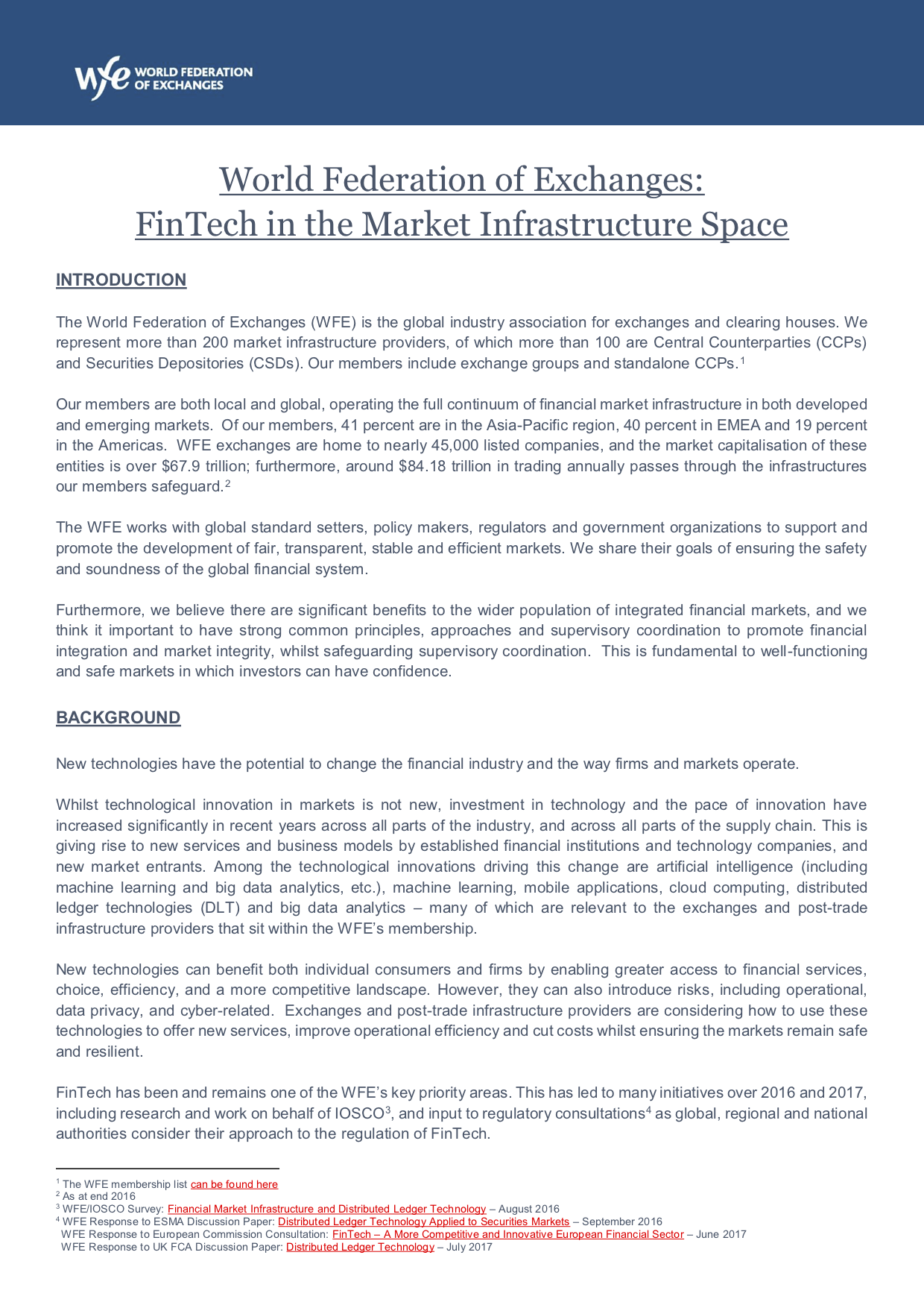 WFE FinTech in the Market Infrastructure Space WFE FinTech in the Market Infrastructure Space